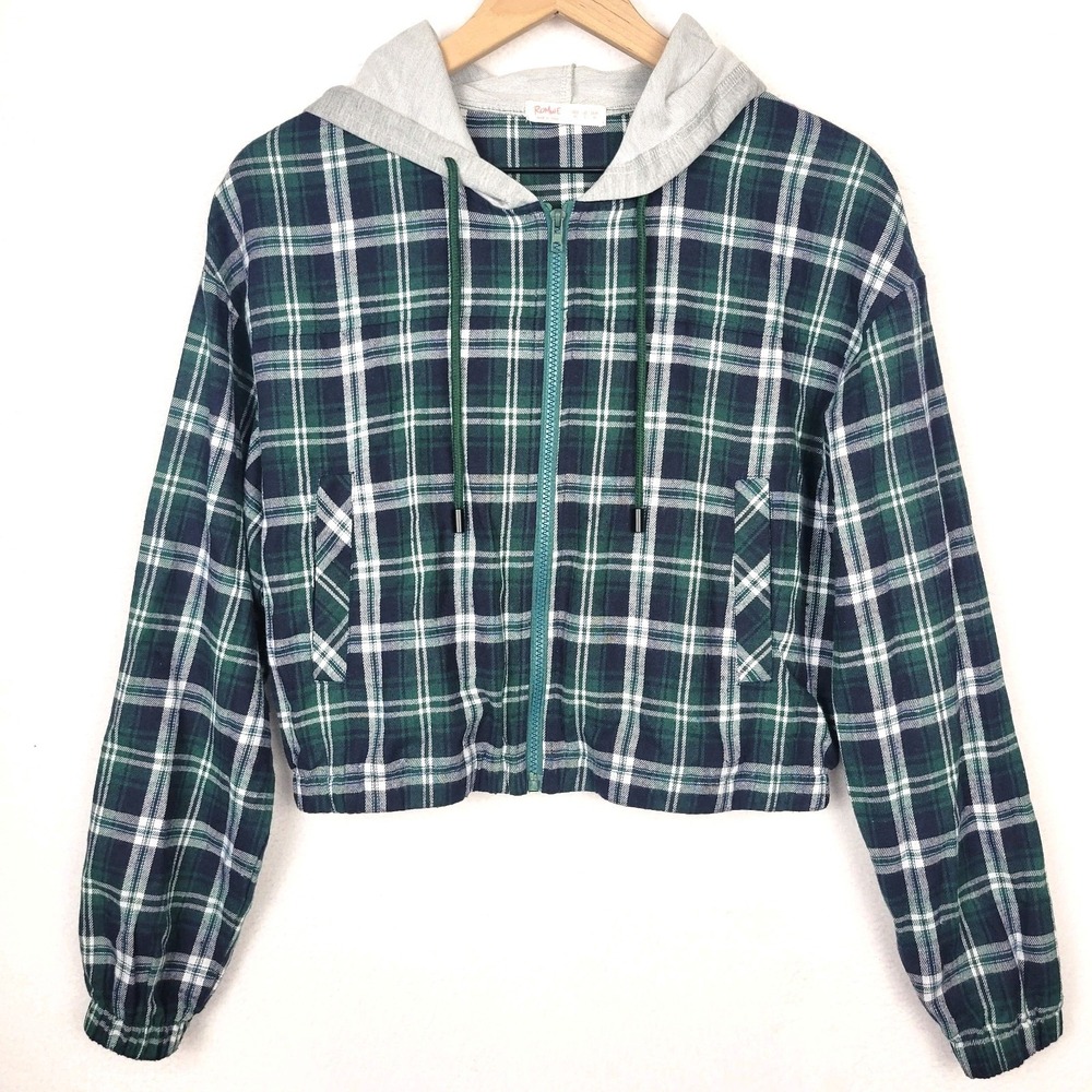 Romwe Green Plaid Crop‎ Hoodie Jacket M Full Zip Drawstring Pockets Casual Chic